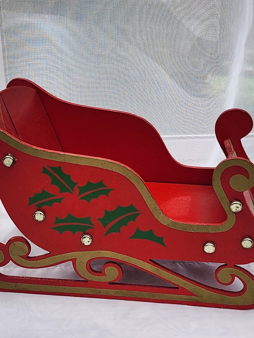 VTG 70's Collapsible Wooden Christmas Sleigh Holiday Holder Decor Taiwan Holly